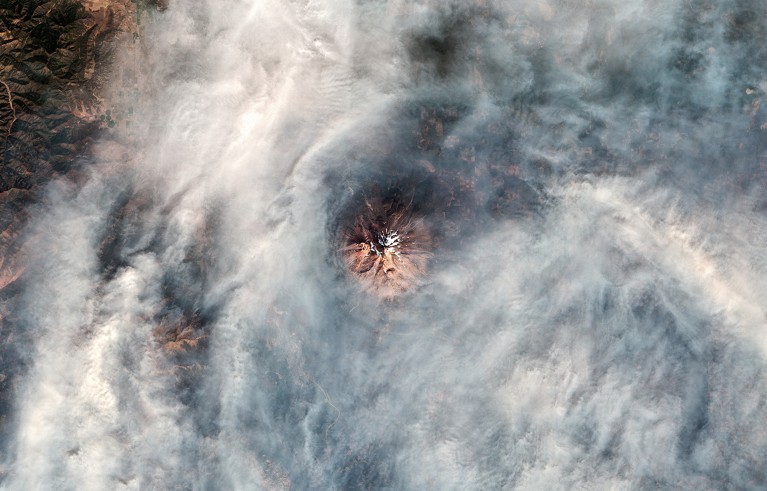 Mount Shasta surrounded by smoke during California’s wildfire season.