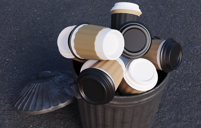 Metallic rubbish bin full of disposable coffee cups. Illustration of the concept of litter produced by paper cups.