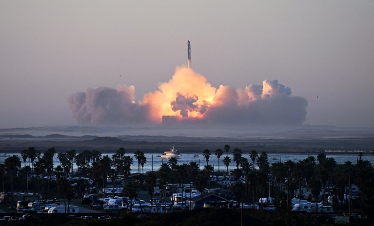 SpaceX's Starship rocket launches from Starbase during its second test flight