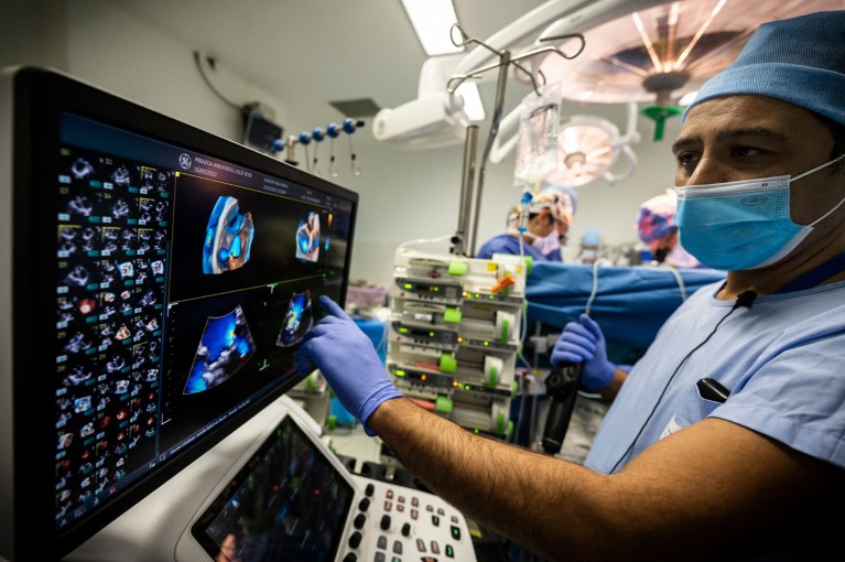 A surgeon points to a screen showing ultrasound scans of a baby's heart