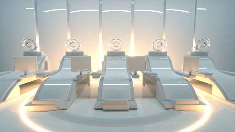 Five futuristic silver couches sit next to each other in a clinical white room