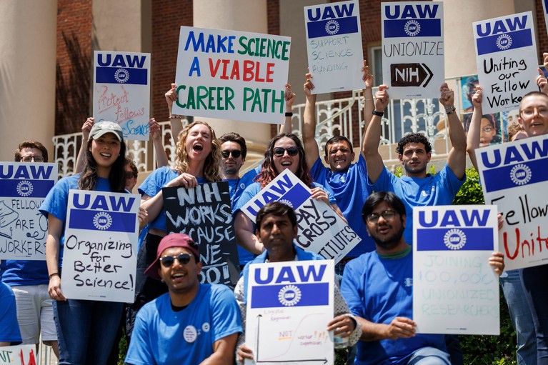Researchers rally to celebrate the union outside Building 1 of the NIH Bethesda campus.