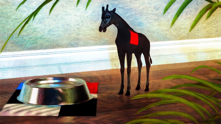 A small, black giraffe with a red square on its body stands next to a dog bowl full of water near the skirting board of a house