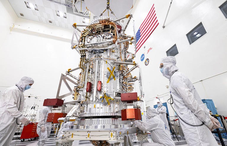 The main body of NASA's Europa Clipper spacecraft pictured in a clean room at the Jet Propulsion Laboratory in Southern California.