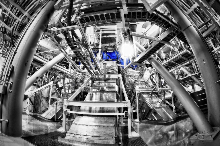 NIF beamlines entering the lower hemisphere of the NIF Target Chamber, as seen from the ground floor of the Target Bay.