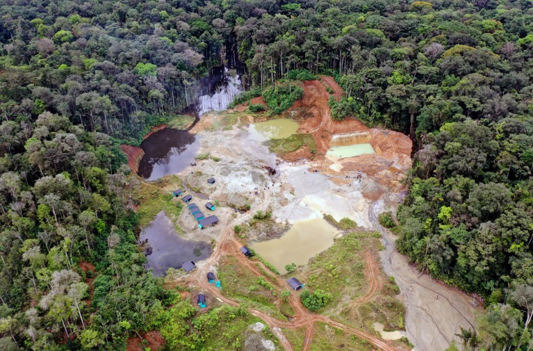 Aerial view of an illegal gold mine in Triangulo de Telembi, Colombia