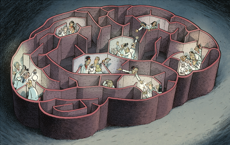 Cartoon illustration of scientists exploring a brain-shaped maze.