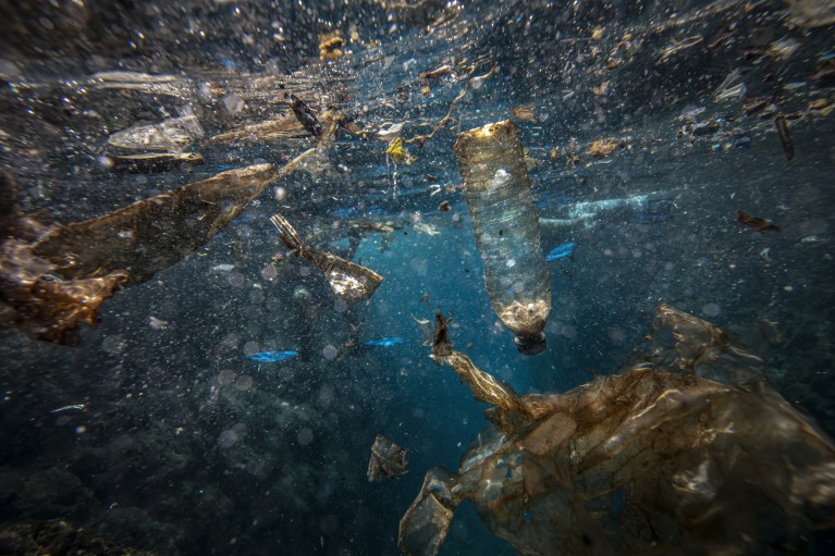 An underwater view of water polluted with plastic waste
