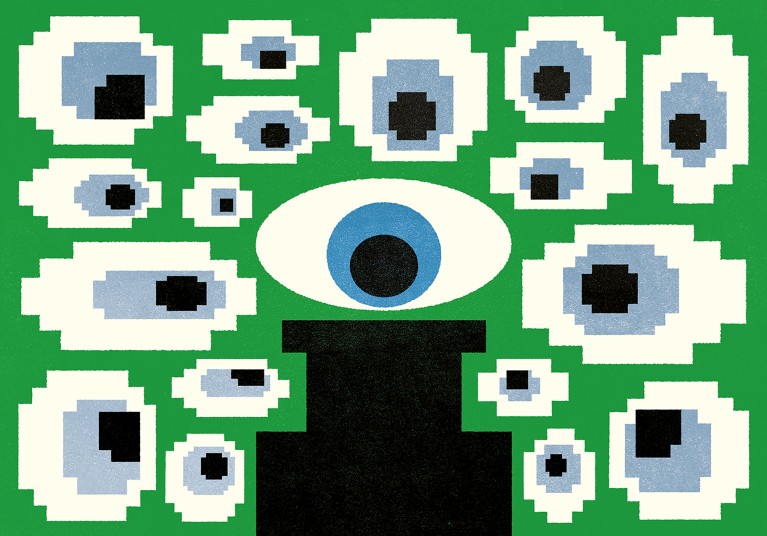 Cartoon of an eye looking into the top of a microscope with a series of pixelated eyes surrounding it.