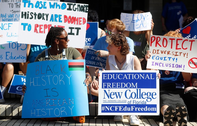 Students during a Defend New College protest in Sarasota, Florida, in January 2023.