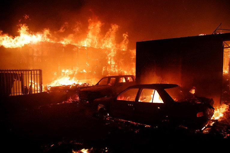 Vehicles and homes burn during a fire in Viña del Mar, Chile.
