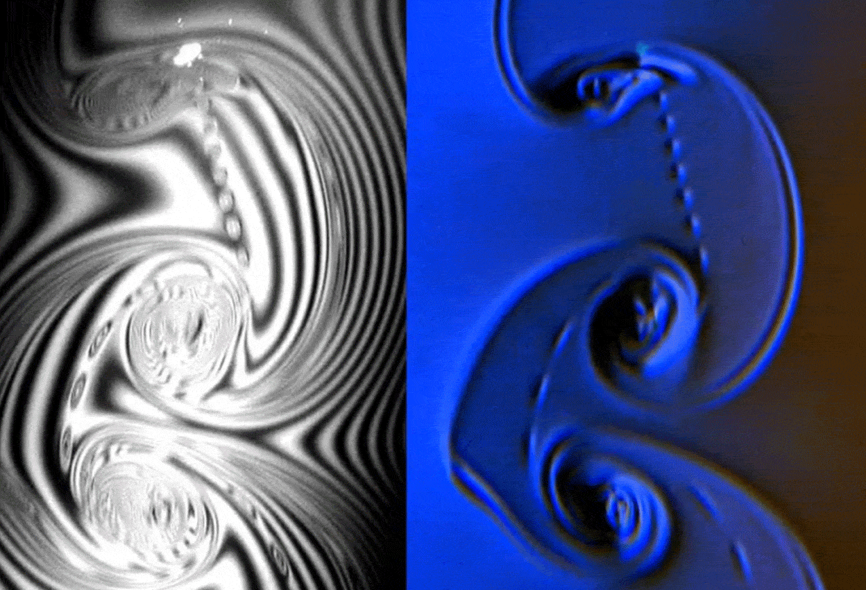 A streak line formed with dots printed by a stationary pulsed laser in the the vortex street behind a rod inserted in the soap film, imaged simultaneously by interference (left) and Schlieren (right) techniques.