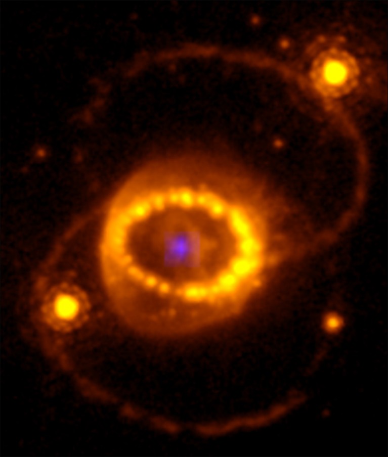 Image of SN 1987a, with a faint blue spot in the centre surrounded by bright yellow and orange rings of debris.