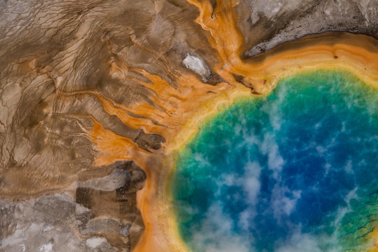 Aerial view of the Grand Prismatic Springs geyser in Yellowstone National Park