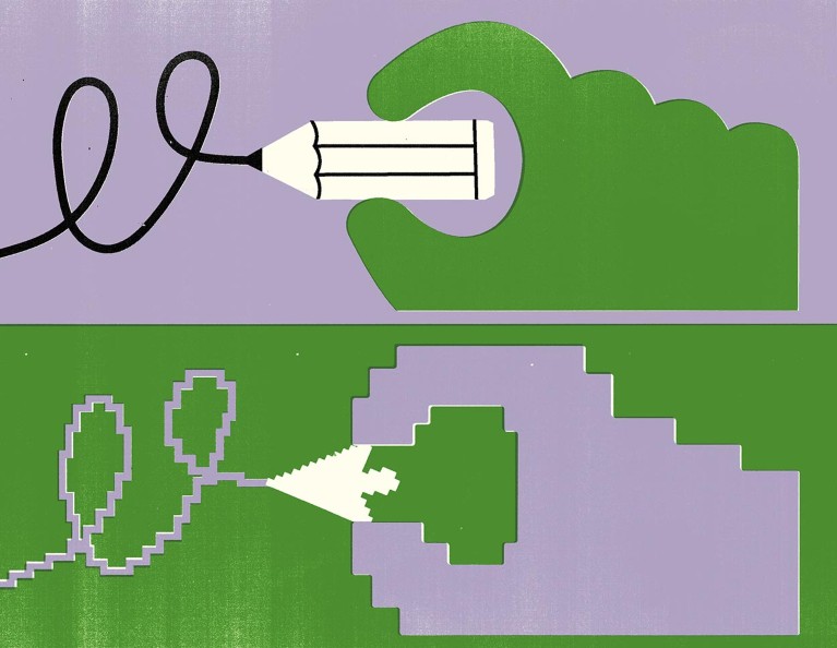 Cartoon showing a hand drawing with a pencil and underneath, a pixelated hand copying the drawing with a computer pointer arrow.
