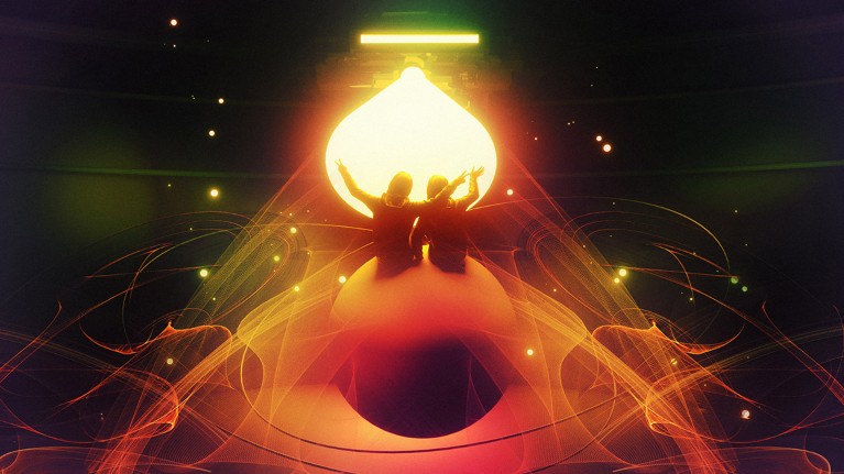 Two dancing figures emerge from a planet-shaped object in front of a glowing light beamed from a spaceship