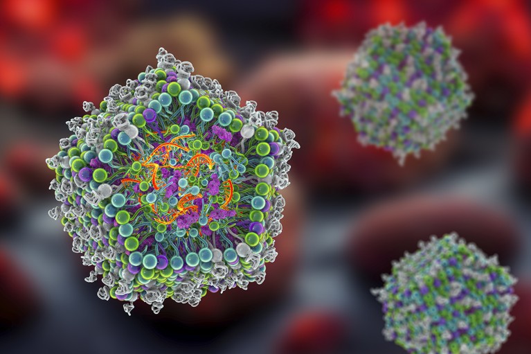 脂质纳米颗粒 mRNA 疫苗的插图，一种用于对抗 COVID-19 和流感的疫苗。