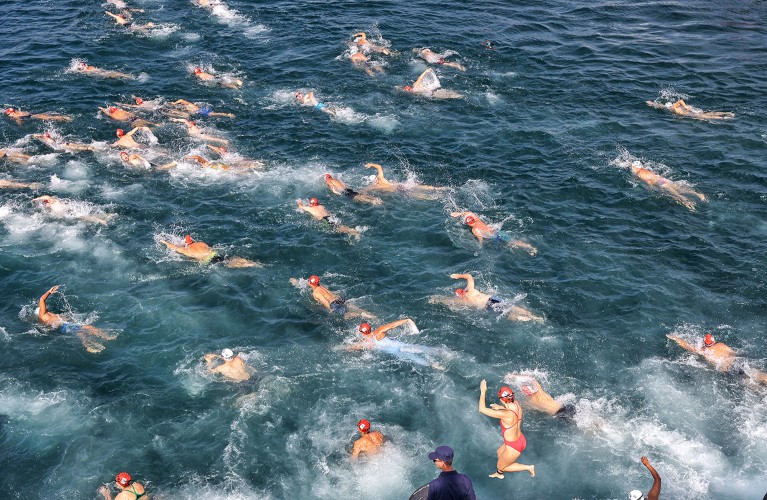 Thousands of swimmers race 6.5 kilometres from Kanlıca to Kuruçeşme in Istanbul in 2023.