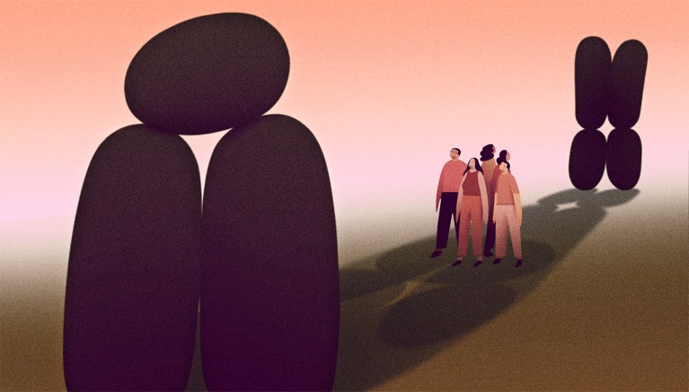 Stylised illustration showing a group of figures standing in the shadow of two large stone structures in the shape of chromosomes.