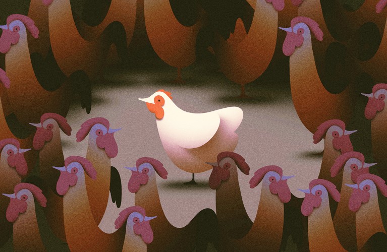Stylised illustration showing a chicken surrounded by roosters.