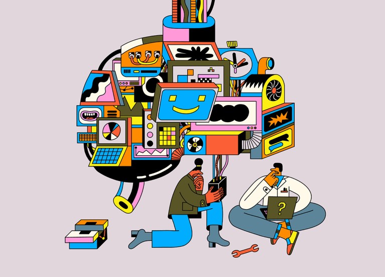 Cartoon of a large brain-shaped machine made of many computer parts being examined by two puzzled researchers.