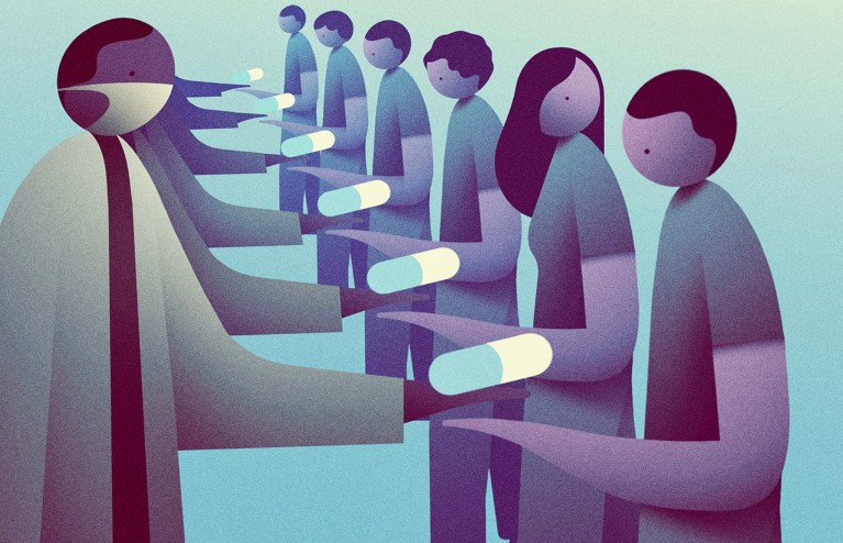 Stylised illustration showing doctors passing pills to a queue of people and only one is female.