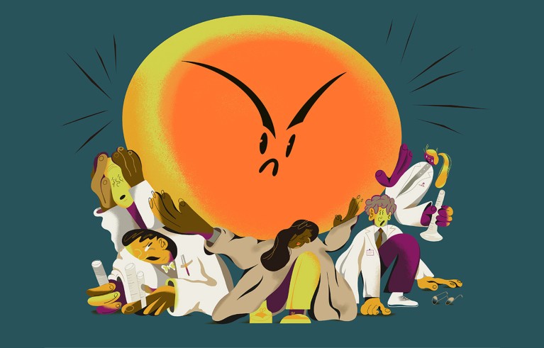 Conceptual illustration showing a group of scientists crushed under a big angry emoji.