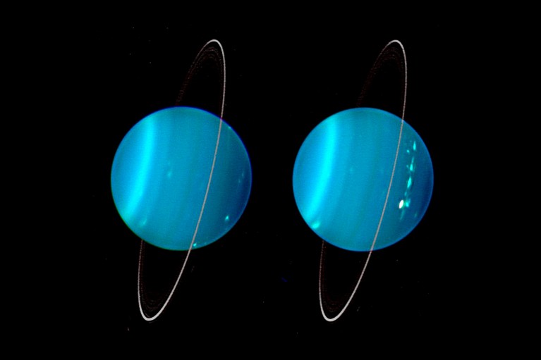 An infrared composite image of the two hemispheres of Uranus side-by-side on a black background