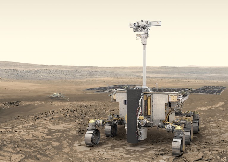 An artist’s impression of ESA’s ExoMars rover (foreground) and Russia’s science platform (background) on Mars.