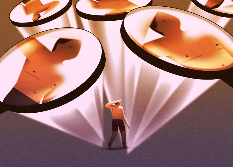 Stylised illustration showing a human figure with magnified glasses above them reflecting the figures features in the glass.