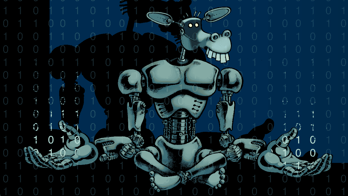 Animated robot sitting cross-legged, head of a donkey, binary code in the background