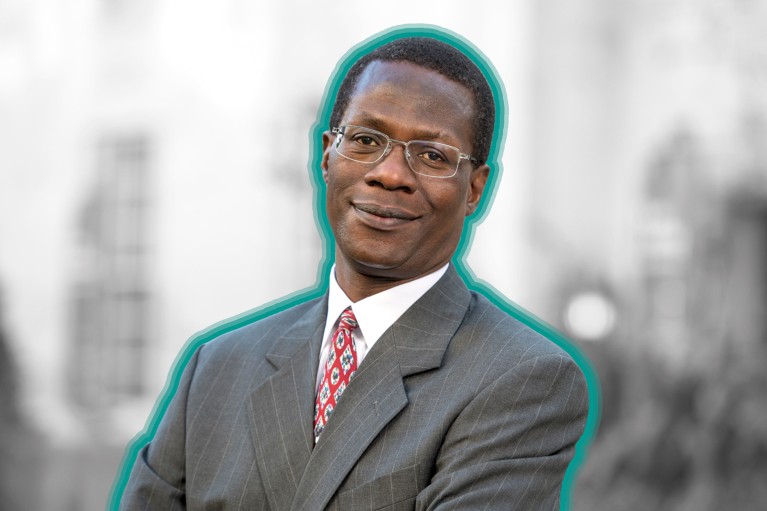 A portrait of Robert Mokaya with a teal coloured outline