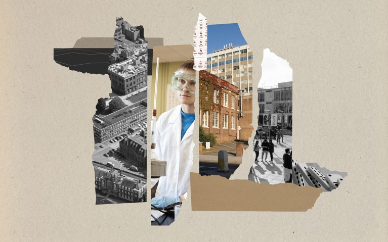 An photo collage illustration made up of images of UK university buildings and students