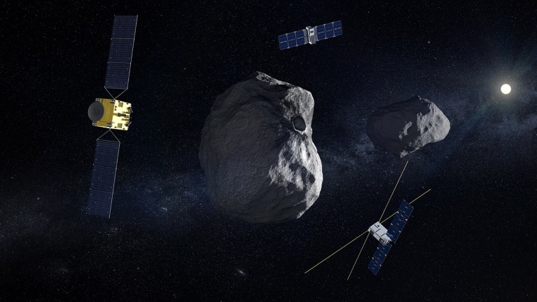 An artist's impression of Asteroid Impact Mission and its twin CubeSats conducting a multi-point investigation of Dimorphos.