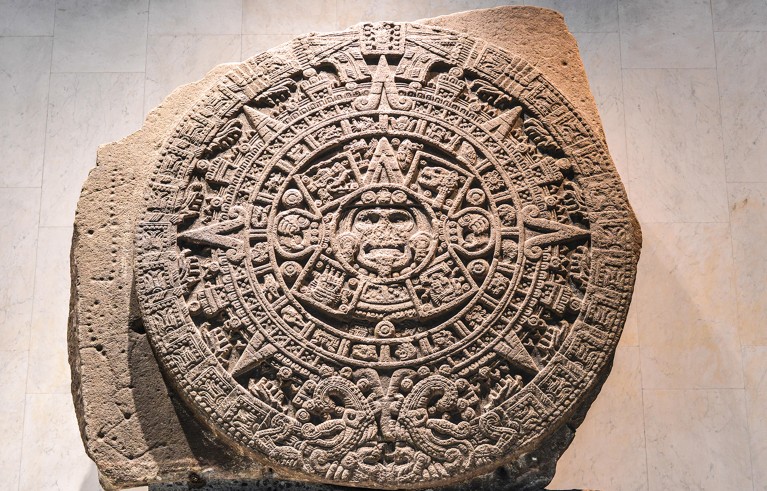 The Aztec calendar stone, Mexica sun stone, Stone of the Sun or Stone of the Five Eras, is a large monolithic sculpture.