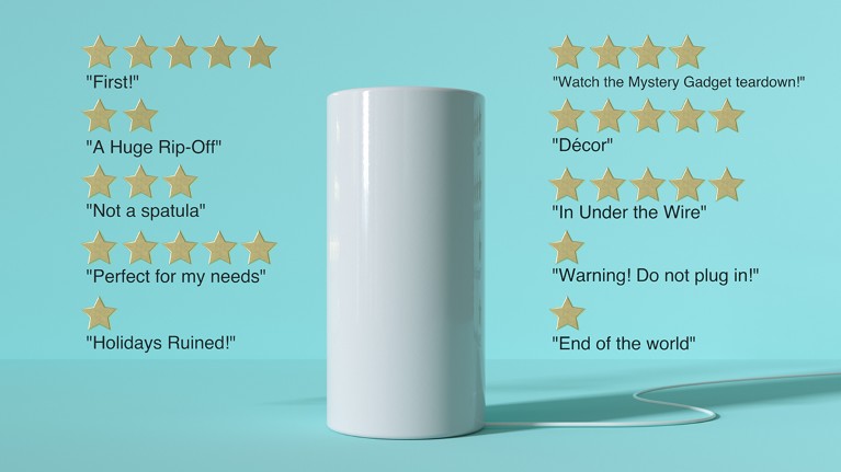 A stark, white cylinder with a power cable trailing from its base is surrounded by a number of star-ratings and quotes from reviews