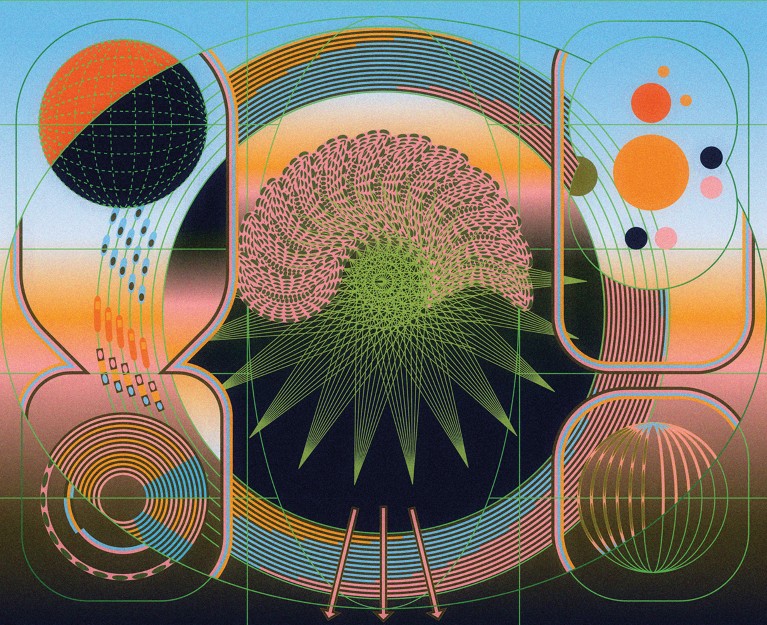 Abstract illustration showing a brain being formed from data surrounded by representations of 3D mapping and geospatial data.