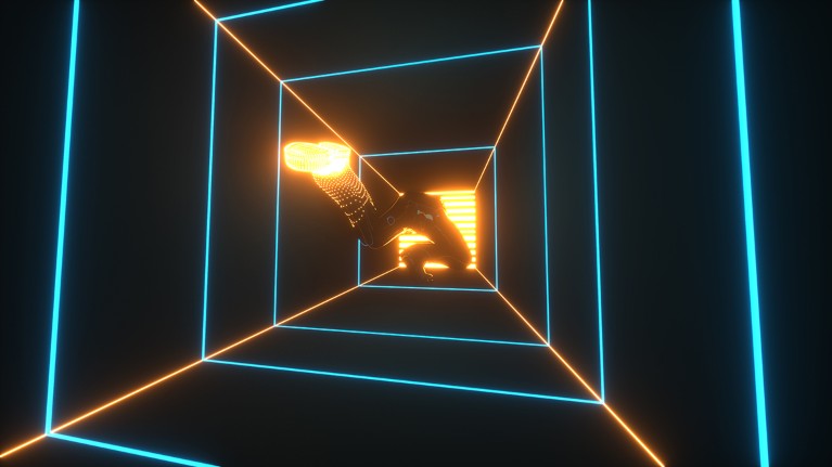 View from the bottom of a human figure climbing up a square CGI tunnel towards a golden light that spills through a grate
