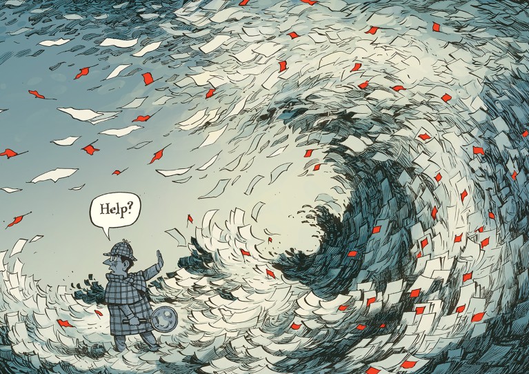 A stylised illustration showing a male scientist, dressed in a chequered long jacket and hat, like Sherlock Holmes. He is holding a magnifying glass, raising his hand against a tsunami of paper sheets and asking for help. There are red flags among the paper tsunami.
