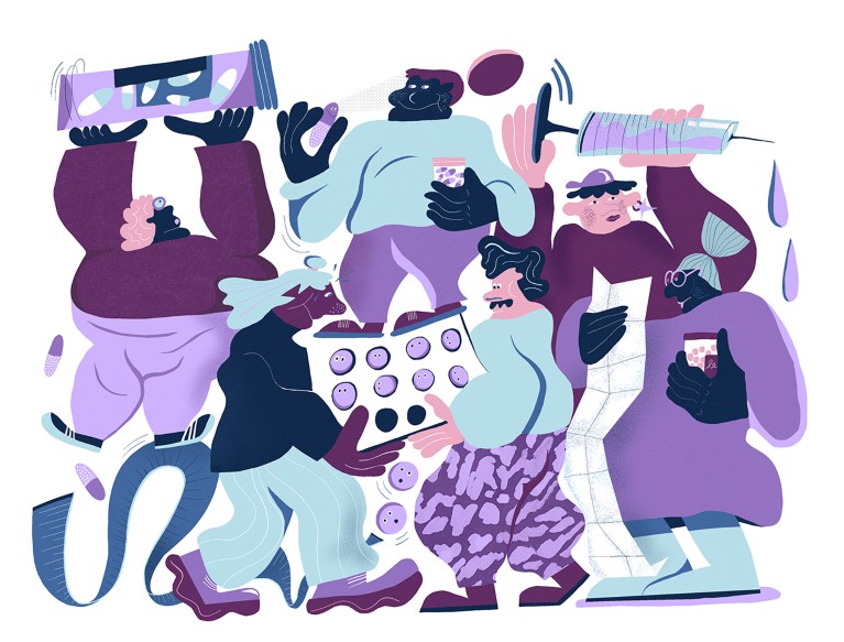 Conceptual illustration showing a group of people with a broad range of drugs to choose from.