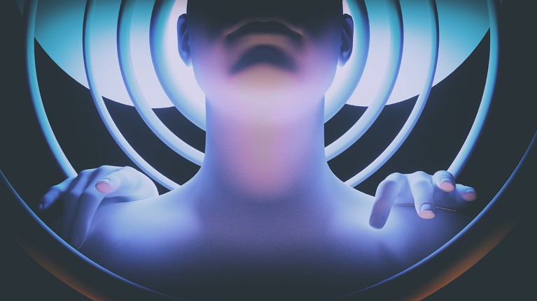 The head and sholders of a human appear in front of a series of concentric circles. Unearthly hands rest upon the human’s shoulders