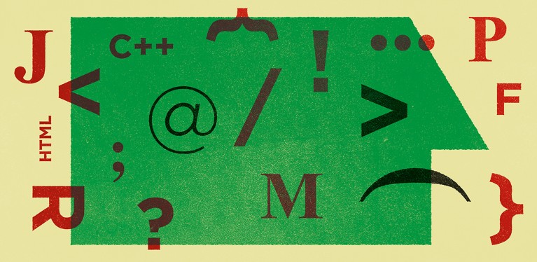 Illustration of a head surrounded by symbols and letters with some of them forming the face.