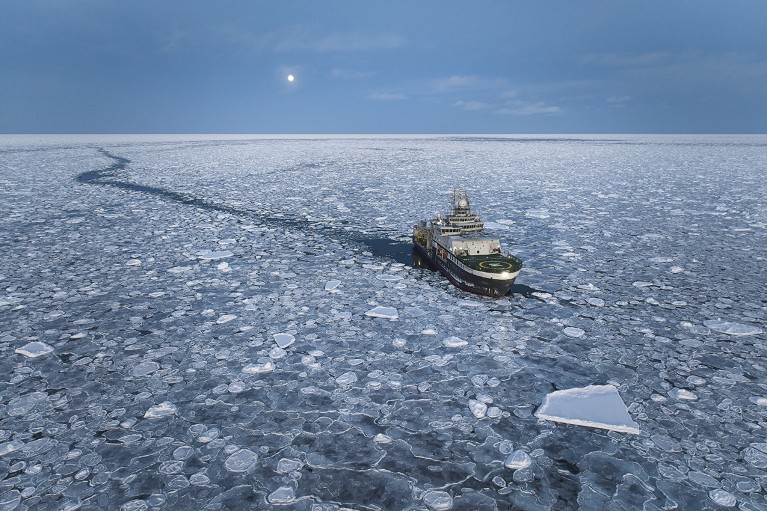 Norwegian research icebreaker RV Kronprins Haakon navigates through dense pancake ice in the Greenland Sea.