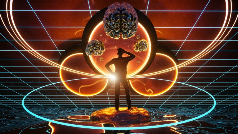 A silhouetted human figure stands shielding their eyes as they look towards metallic brains that float mid-air