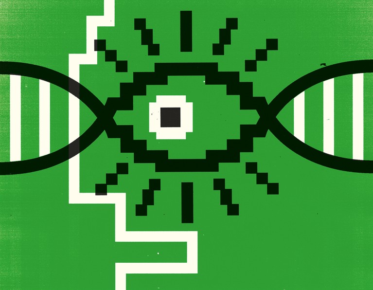 A stylized illustration of an eyeball in the middle of a twisting DNA structure peering off to the side, on a green background.