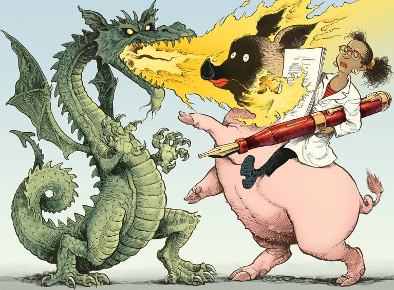 A stylised illustration showing a female scientist riding a scorched pig. She is holding a research paper as a shield and a pen like a lance. She is fending off the fire with her paper shield which blasting from a dragon, who is spewing fire from it's mouth.