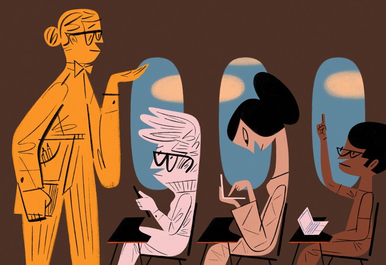 Conceptual illustration showing university students sitting at their desks on a plane.