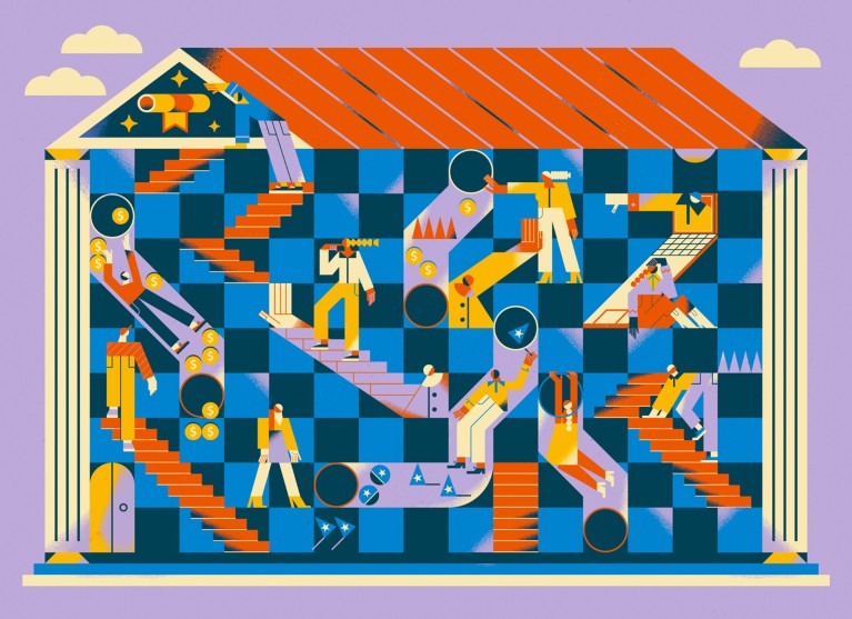 Conceptual illustration depicting students differing journeys towards a PhD.