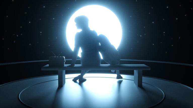 On a bench under moonlight, a human sits with a child-like figure next to them leaning on their shoulder