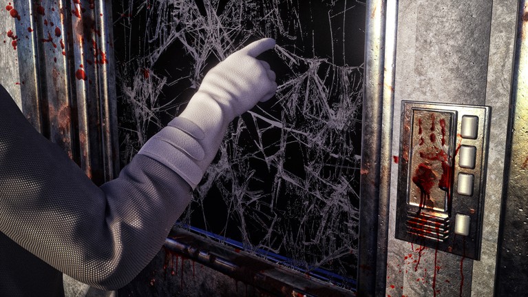A gloved hand points to a heavily cracked window set in a metal frame that has bloody handprints around it